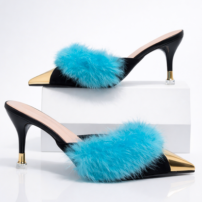 Damen Slip-On-Mules mit Absatz, spitzer Zehenpartie und Spiegel-Finish