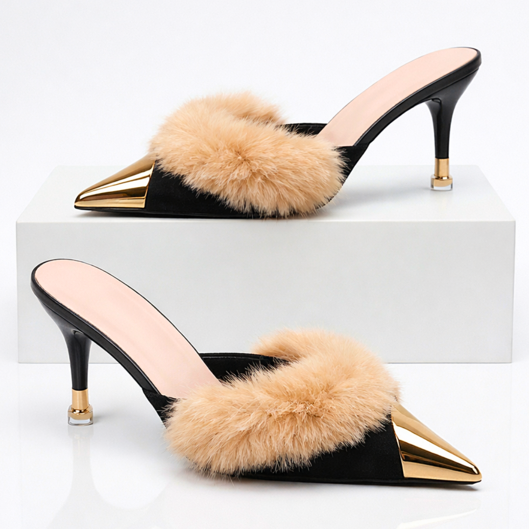 Damen Slip-On-Mules mit Absatz, spitzer Zehenpartie und Spiegel-Finish