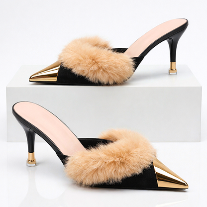 Damen Slip-On-Mules mit Absatz, spitzer Zehenpartie und Spiegel-Finish