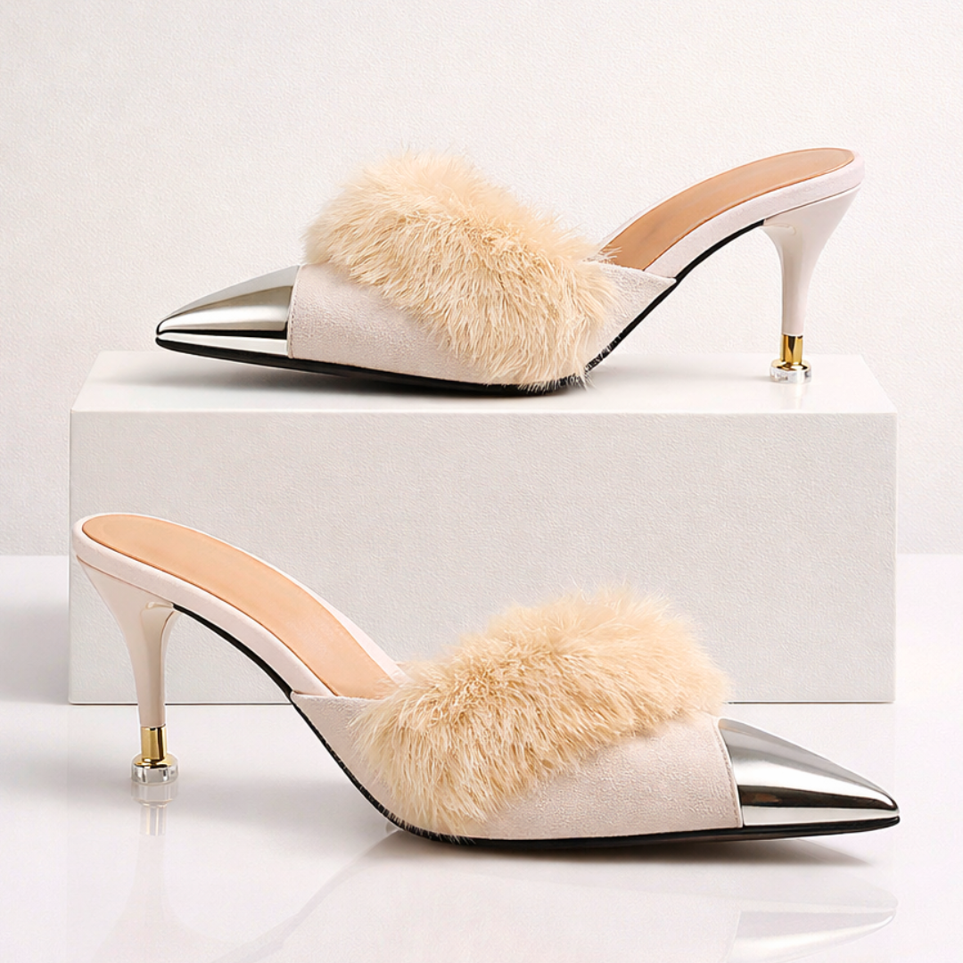 Damen Slip-On-Mules mit Absatz, spitzer Zehenpartie und Spiegel-Finish