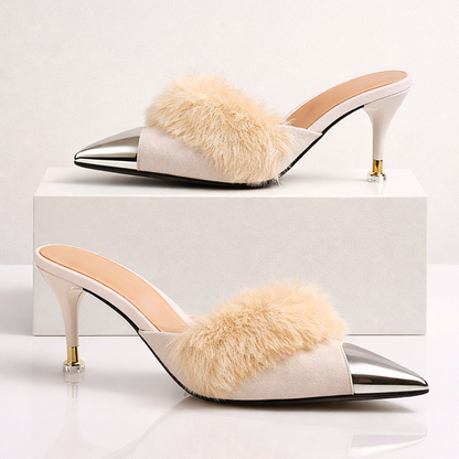 Damen Slip-On-Mules mit Absatz, spitzer Zehenpartie und Spiegel-Finish