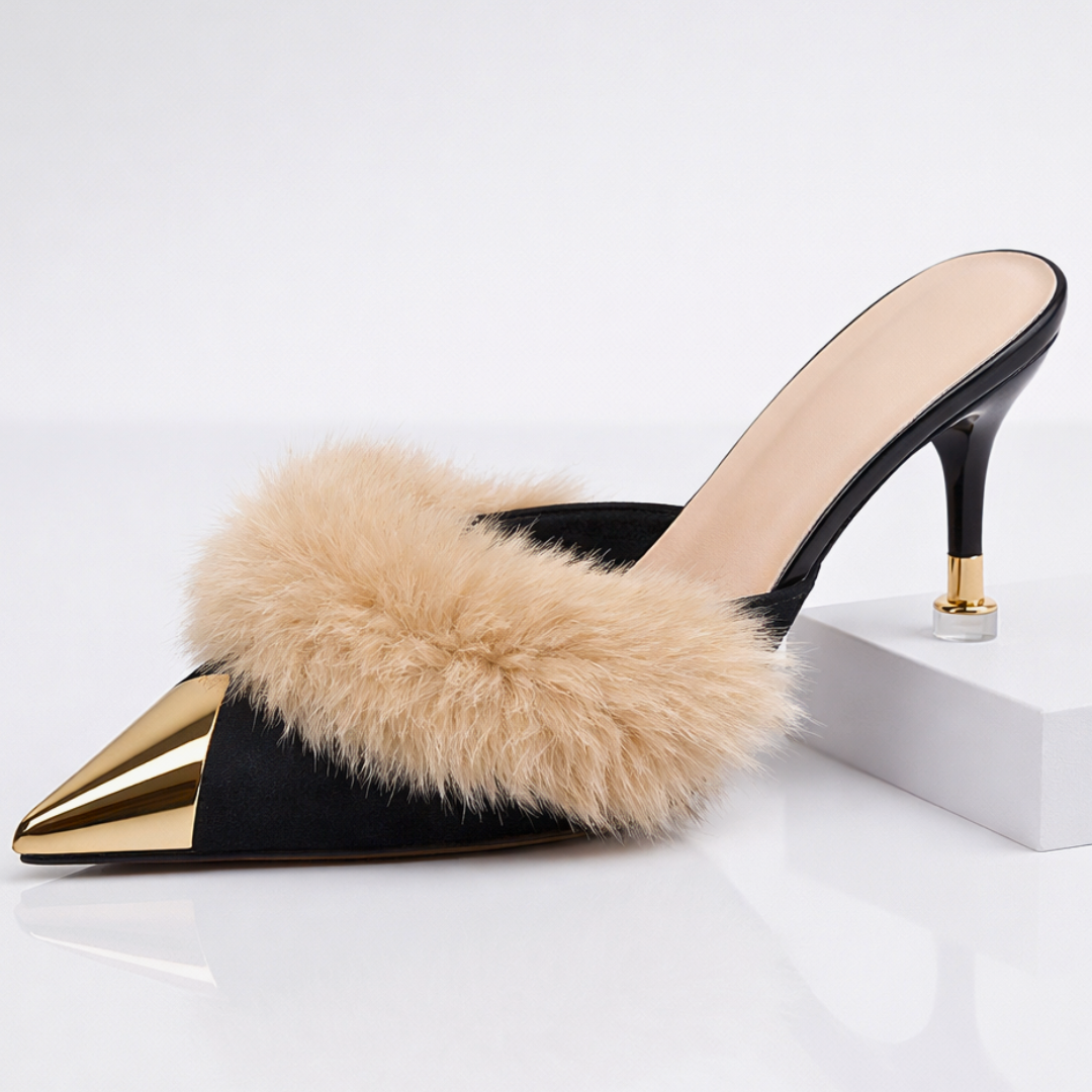 Damen Slip-On-Mules mit Absatz, spitzer Zehenpartie und Spiegel-Finish