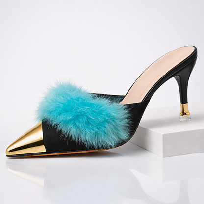 Damen Slip-On-Mules mit Absatz, spitzer Zehenpartie und Spiegel-Finish