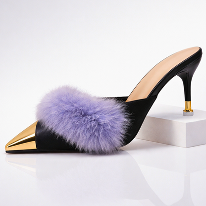 Damen Slip-On-Mules mit Absatz, spitzer Zehenpartie und Spiegel-Finish
