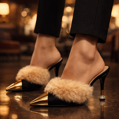 Damen Slip-On-Mules mit Absatz, spitzer Zehenpartie und Spiegel-Finish