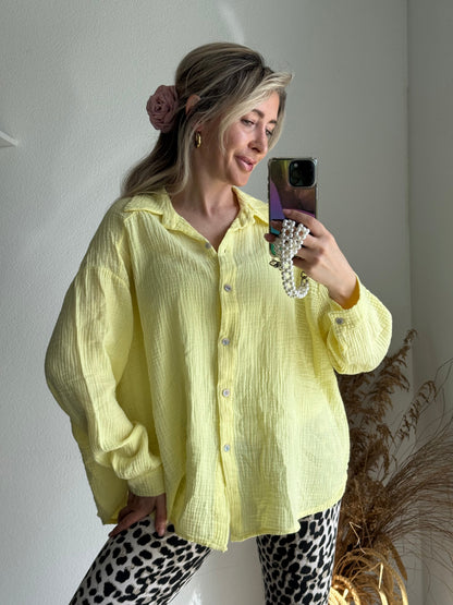 Women's Blouse Oversized Loose Fit Long Sleeve Pastel Yellow – Cotton Style