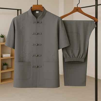 Men's Summer Traditional Set – Embroidered Top with Knot Closure and Straight Pants