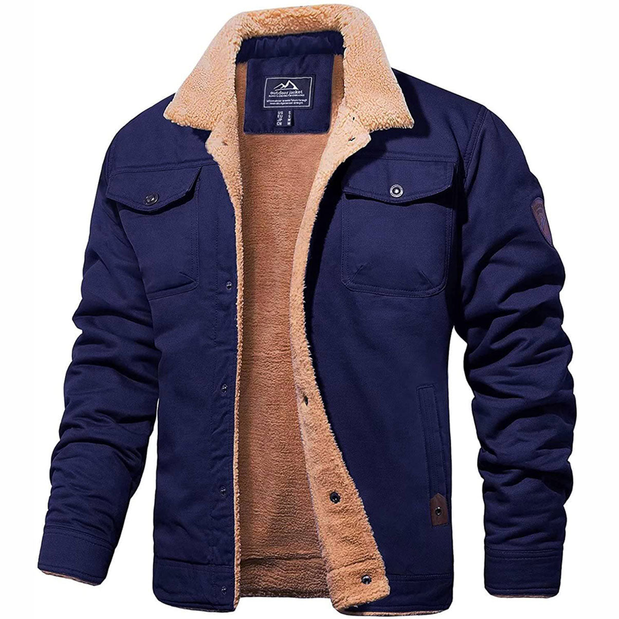 Dunkelblaue Herrenjacke mit Teddyfutter, warm und stilvoll, ideal für Wintermode. Perfekt für Outdoor-Aktivitäten und kaltes Wetter.