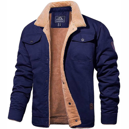 Dunkelblaue Herrenjacke mit Teddyfutter, warm und stilvoll, ideal für Wintermode. Perfekt für Outdoor-Aktivitäten und kaltes Wetter.