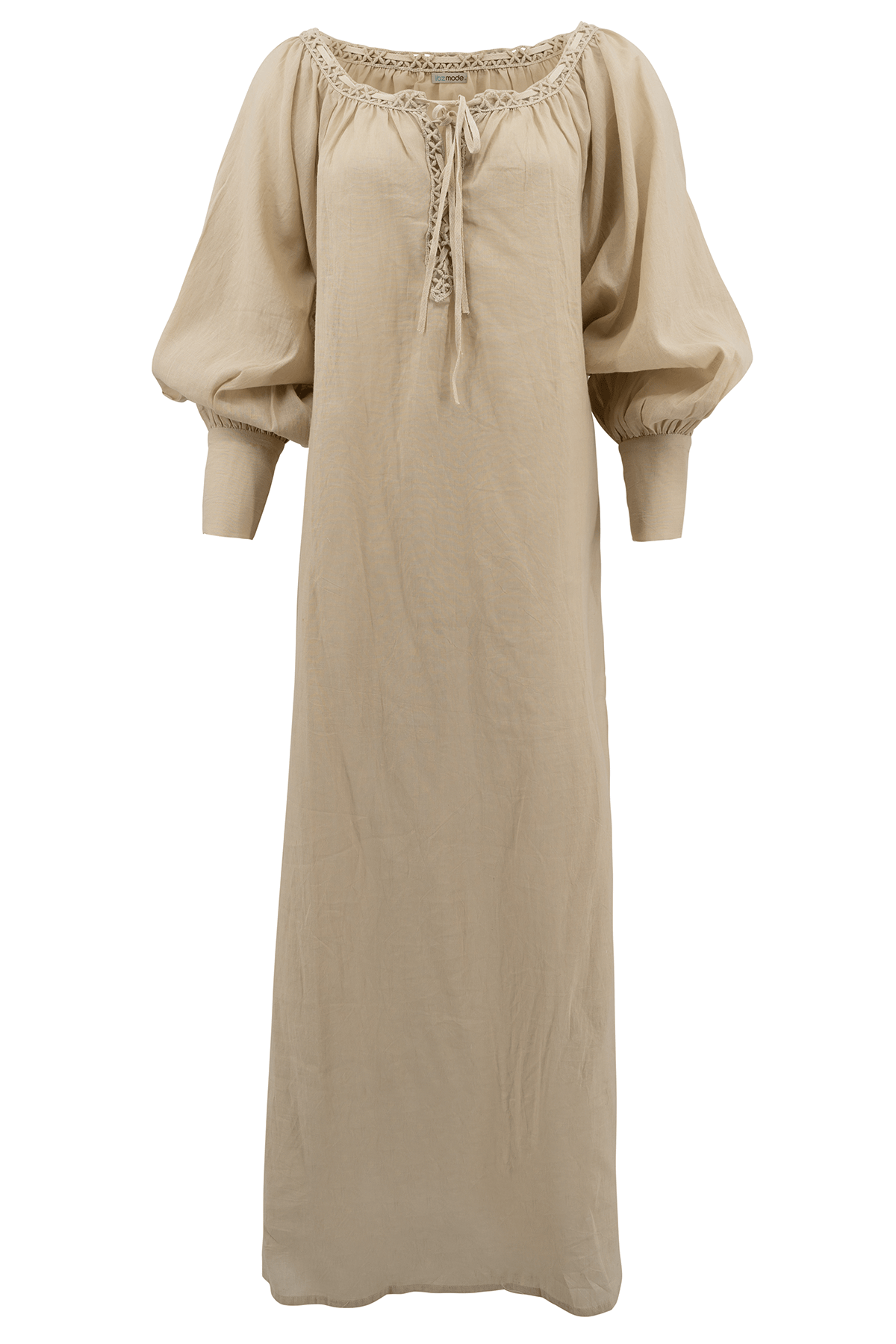 Beiges Maxikleid mit Puffärmeln und Spitzenbesatz, Boho-Stil, aus Leinen, ideal für Sommermode und lässige Anlässe.