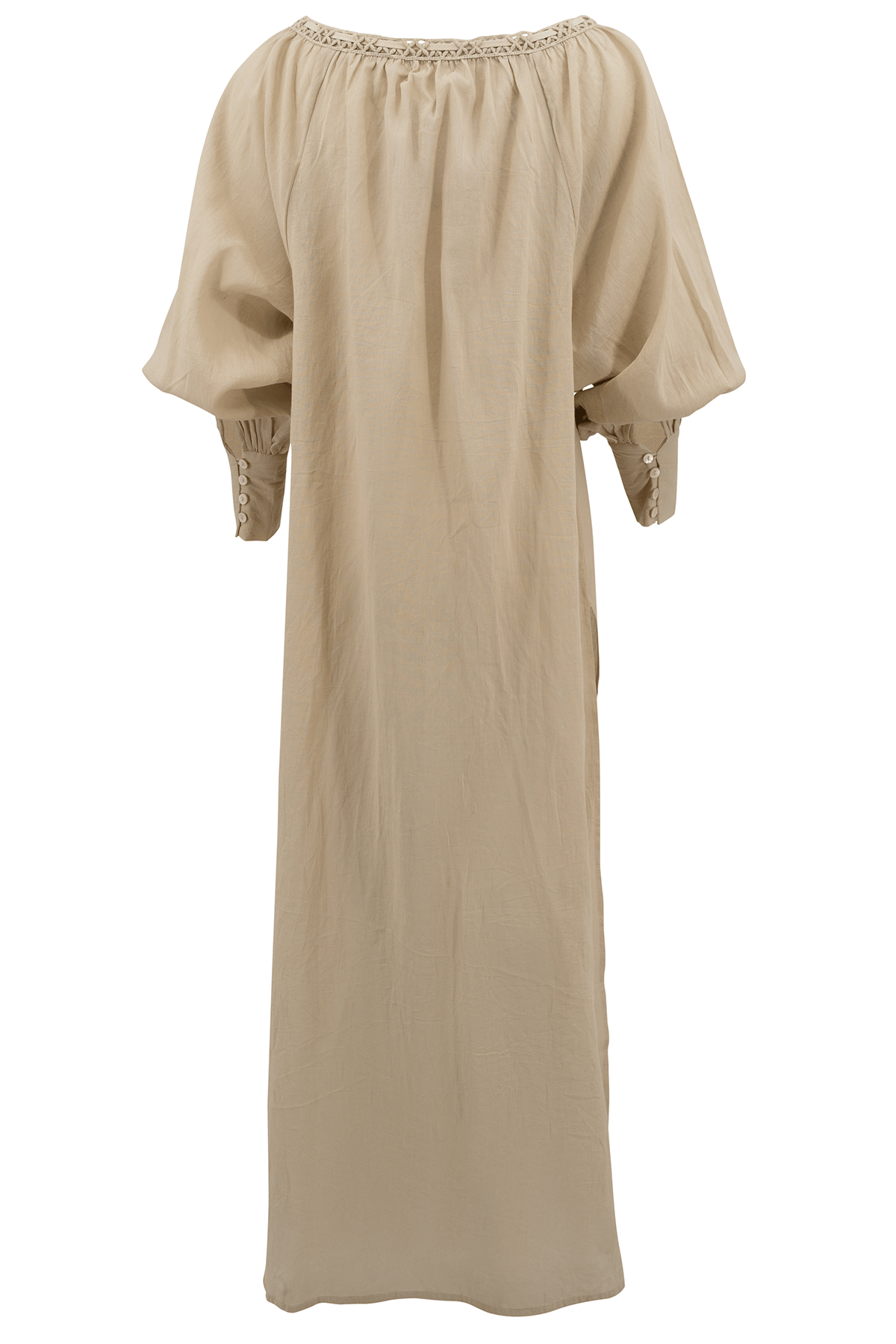 Beiges Maxikleid mit weiten Ärmeln und gerafftem Ausschnitt, elegantes Design, ideal für Sommermode und Freizeitkleidung.