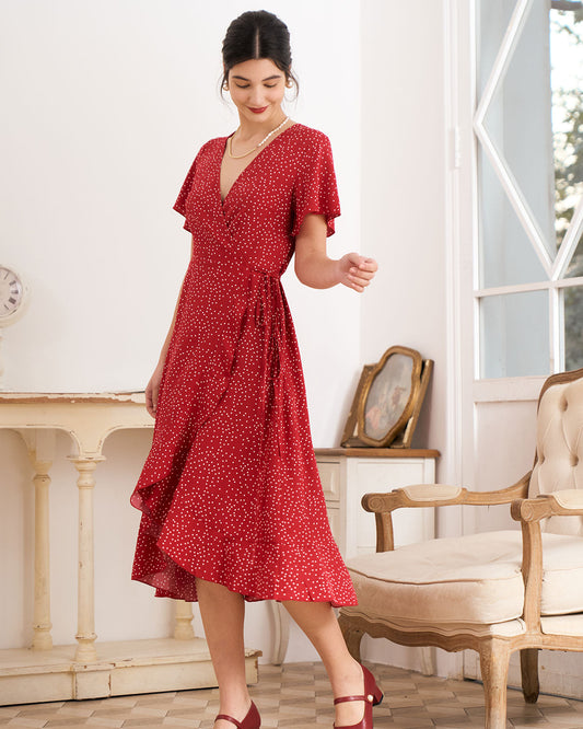 Damen Sommer Wickelkleid Midi Rot mit Punkten und Rüschen