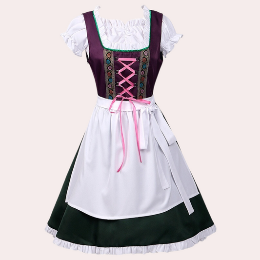 Dirndl Kleid mit lila Mieder, weißer Bluse und Schürze, traditionelles bayerisches Trachtenkleid, Oktoberfest Mode, Damen Trachtenmode.