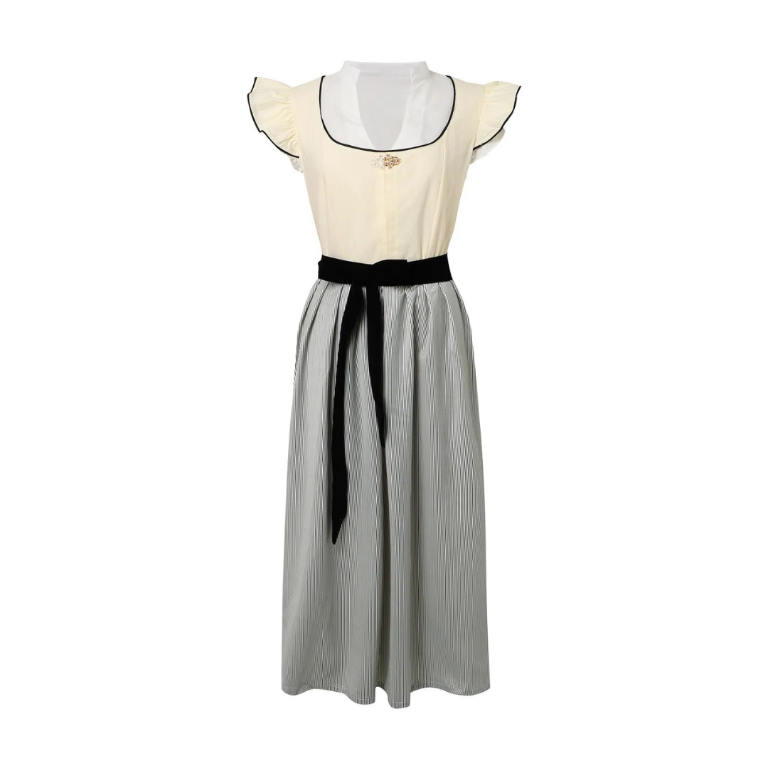 Alt-Text: Traditionelles Damen-Dirndl mit weißer Bluse, schwarzem Gürtel und grauem Rock. Perfekt für Oktoberfest und Trachtenmode.