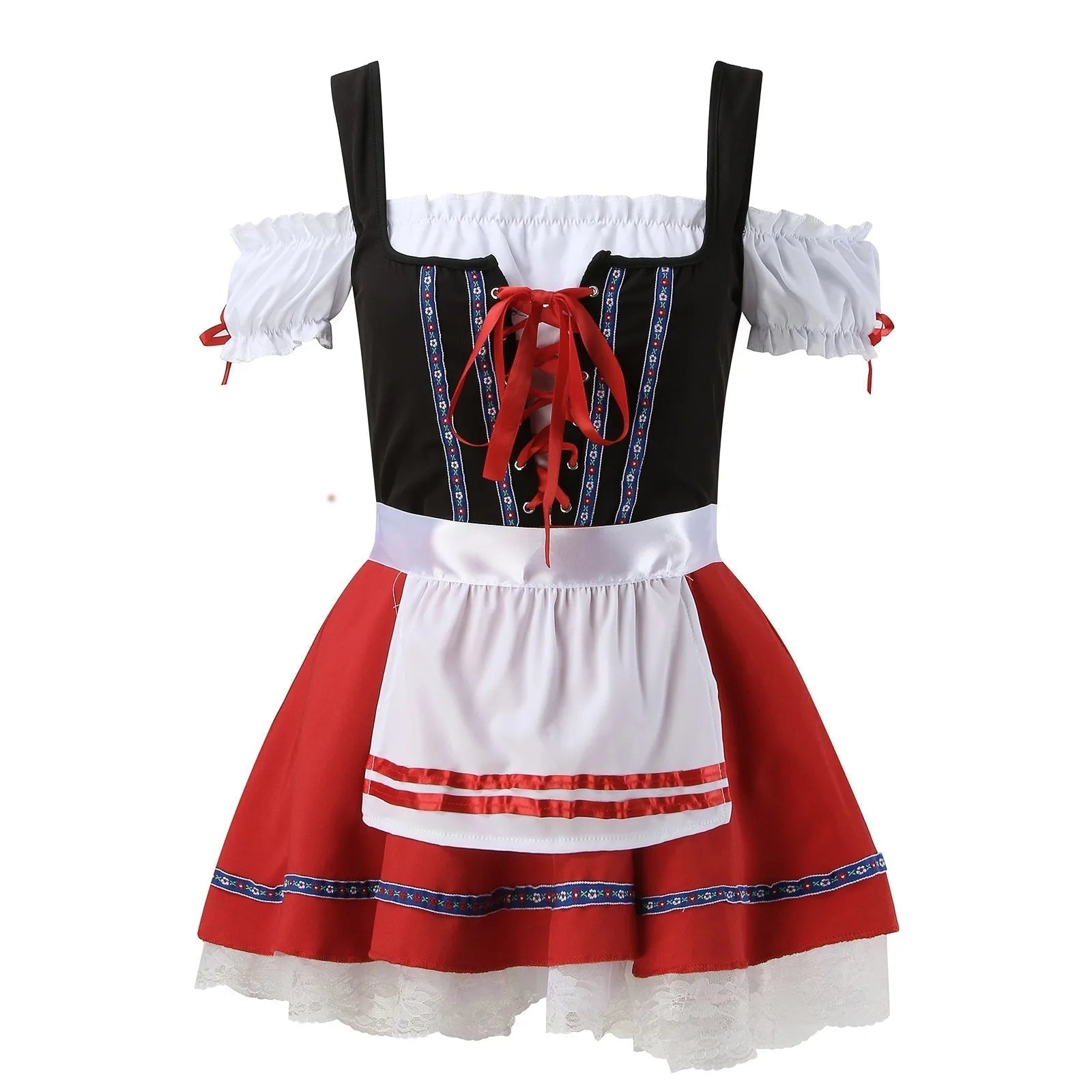 Bayerisches Dirndl-Kostüm für Damen, schwarz-weiß-rot, mit Schürze und Spitzenbesatz, traditionelles Oktoberfest-Outfit, Trachtenmode.