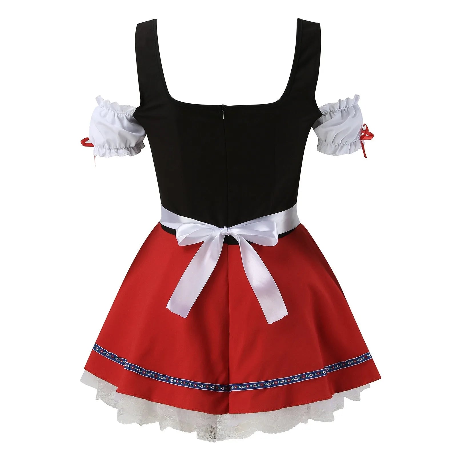 Dirndl-Kleid für Damen, schwarz-rot-weiß, mit Puffärmeln und Schleife, traditionelles bayerisches Oktoberfest-Outfit, Trachtenmode.