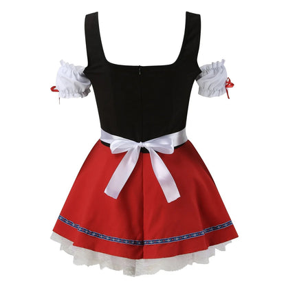Dirndl-Kleid für Damen, schwarz-rot-weiß, mit Puffärmeln und Schleife, traditionelles bayerisches Oktoberfest-Outfit, Trachtenmode.