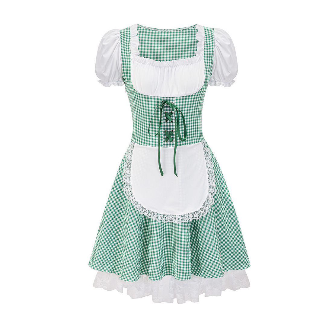 Grünes Dirndl mit weißer Schürze, kariertes Muster, traditionelles bayerisches Trachtenkleid, Oktoberfest Mode, Damen Trachtenmode.