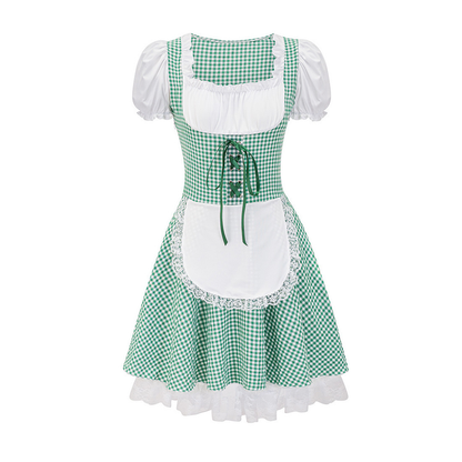 Grünes Dirndl mit weißer Schürze, kariertes Muster, traditionelles bayerisches Trachtenkleid, Oktoberfest Mode, Damen Trachtenmode.