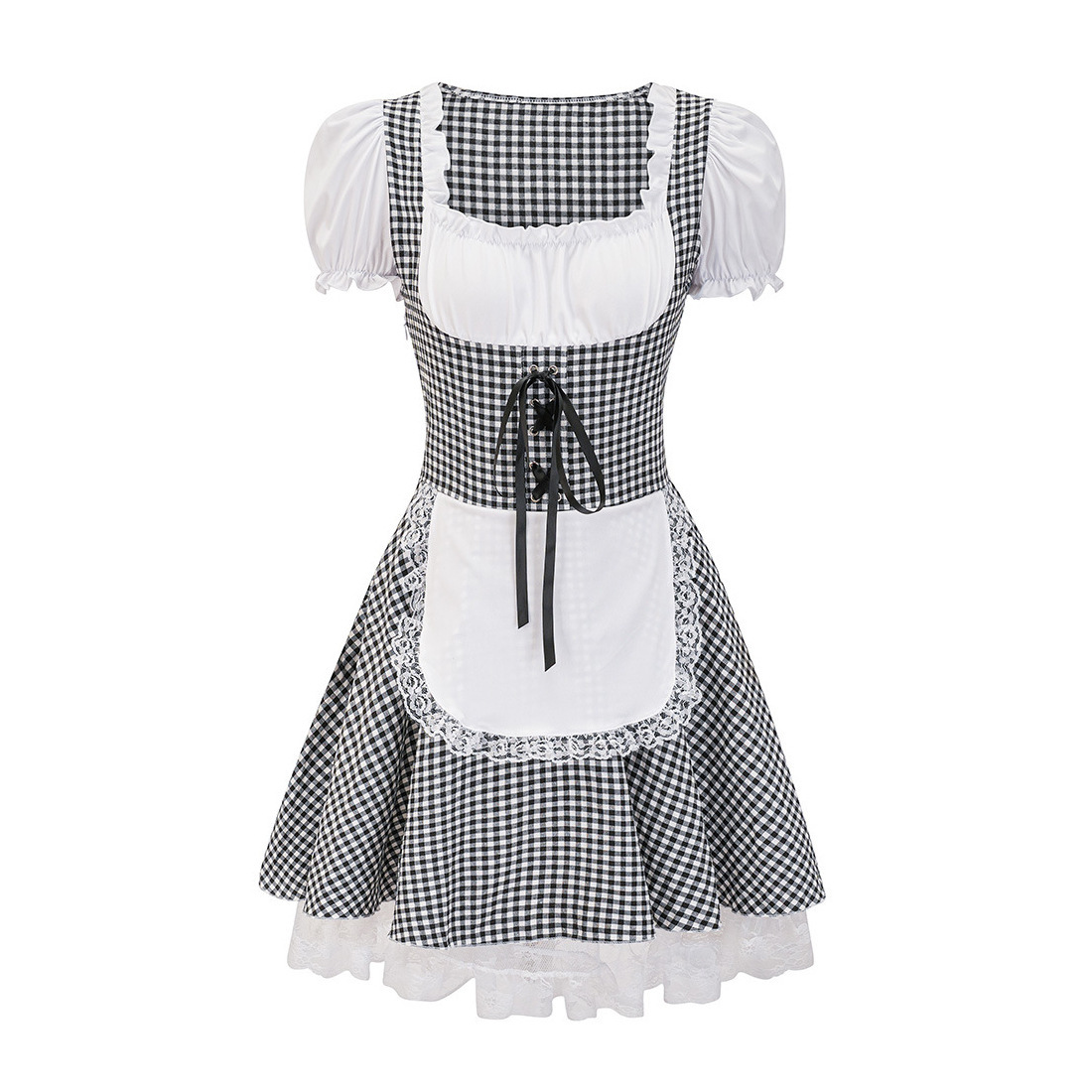 Schwarz-weiß kariertes Dirndlkleid mit weißer Schürze und Spitzenbesatz, traditionelles bayerisches Trachtenkleid, Oktoberfest Mode.