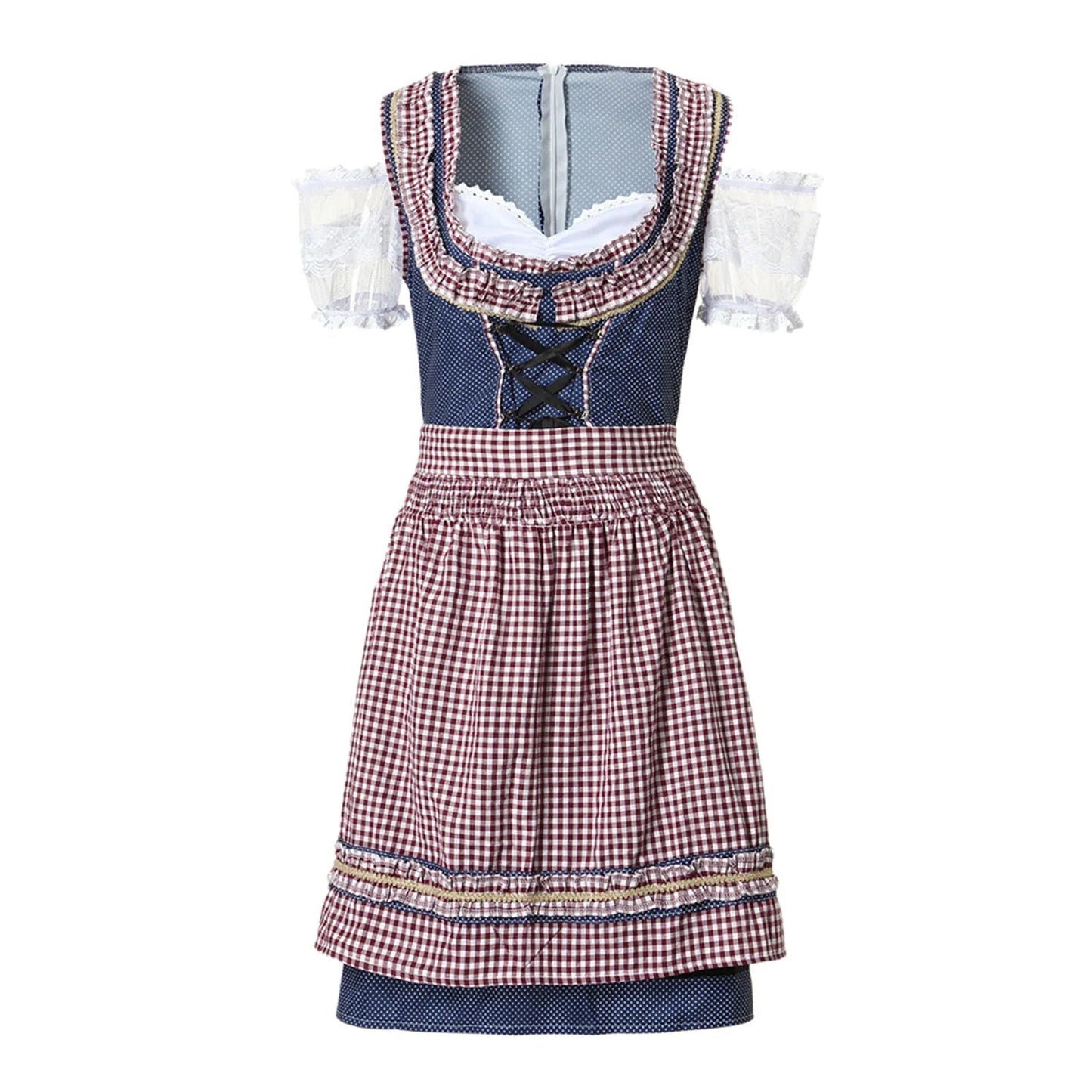 Blaues Dirndl mit weißer Bluse und rot-weiß karierter Schürze, traditionelles bayerisches Trachtenkleid, Oktoberfest Mode, Damen Trachtenmode.