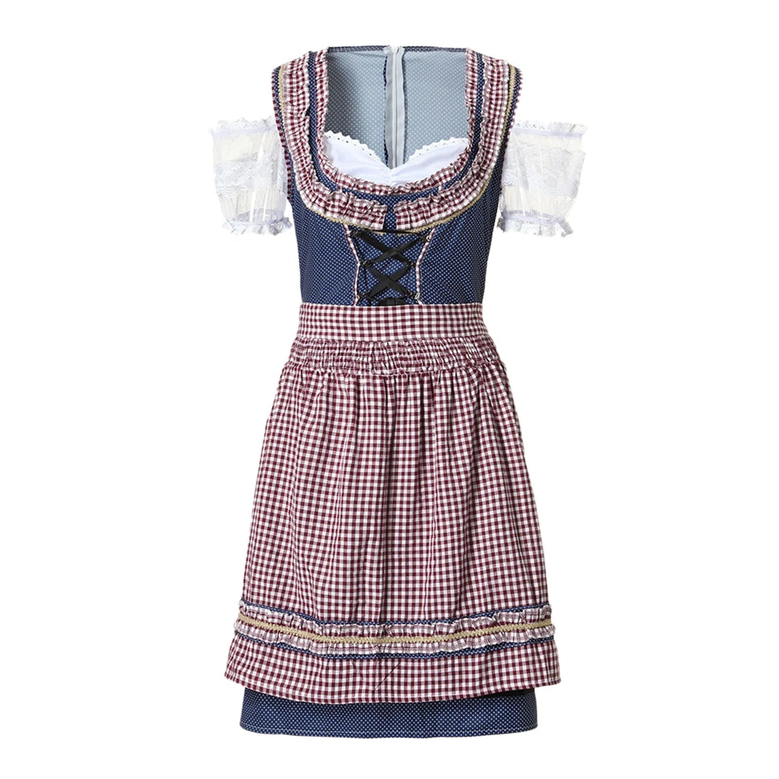 Blaues Dirndl mit weißer Bluse und rot-weiß karierter Schürze, traditionelles bayerisches Trachtenkleid, Oktoberfest Mode, Damen Trachtenmode.