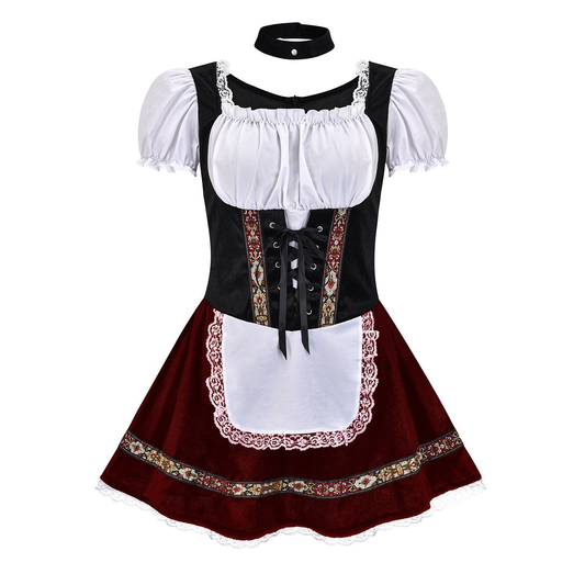 Traditionelles bayerisches Dirndlkleid mit weißer Bluse, schwarzem Mieder und rotem Rock, verziert mit Spitzen und Schürze. Oktoberfest Trachtenmode.