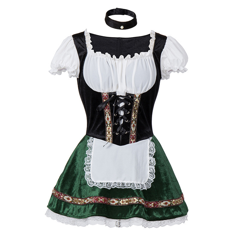 Traditionelles bayerisches Dirndl-Kostüm mit schwarzem Mieder, weißer Bluse, grüner Schürze und Spitzenverzierungen, ideal für Oktoberfest.