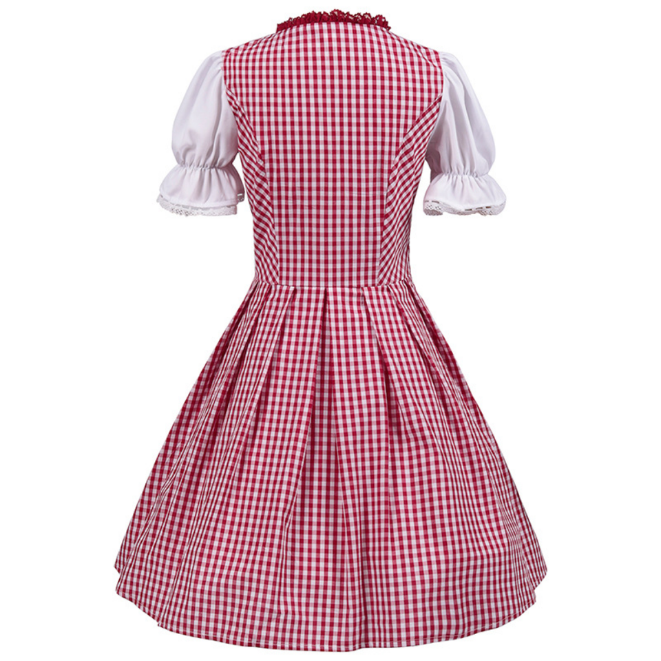 Rotes kariertes Dirndlkleid mit weißen Puffärmeln, traditionelles bayerisches Trachtenkleid, Rückansicht, Oktoberfestmode.