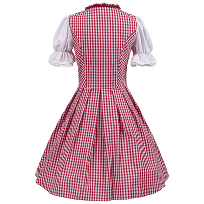 Rotes kariertes Dirndlkleid mit weißen Puffärmeln, traditionelles bayerisches Trachtenkleid, Rückansicht, Oktoberfestmode.