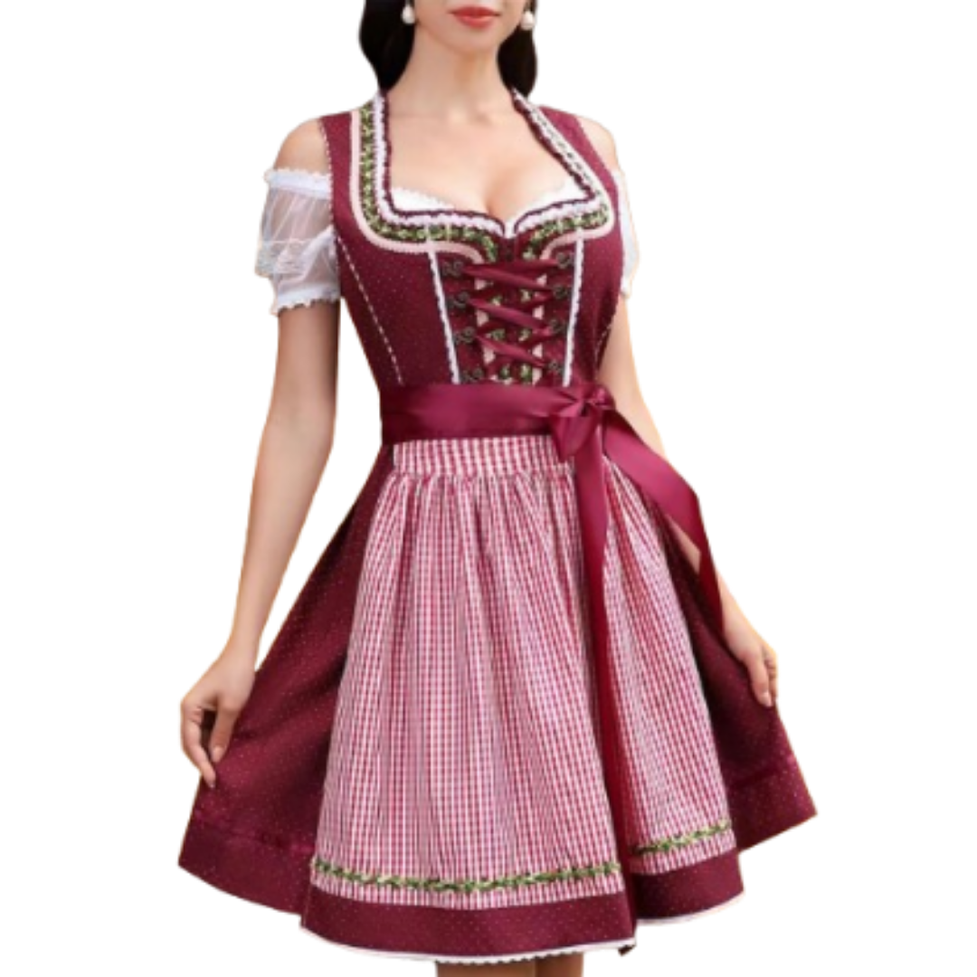 Frau in traditionellem bayerischen Dirndl mit rotem Mieder und kariertem Schürze, Oktoberfest Mode, Trachtenkleid, festliche Kleidung.
