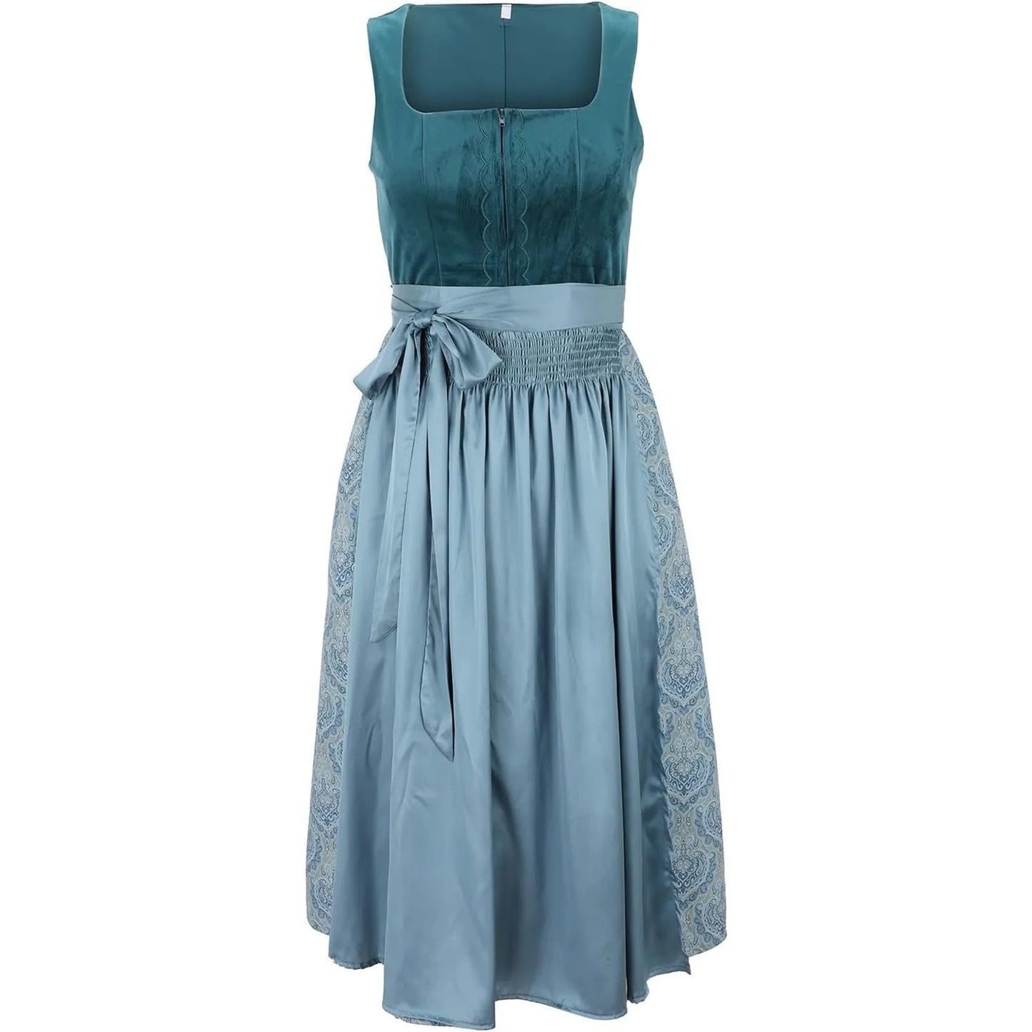 Blaues Dirndl mit Spitzenmuster, ärmelloses Oberteil, Taillenschleife und ausgestelltem Rock. Traditionelle bayerische Tracht, ideal für Oktoberfest.
