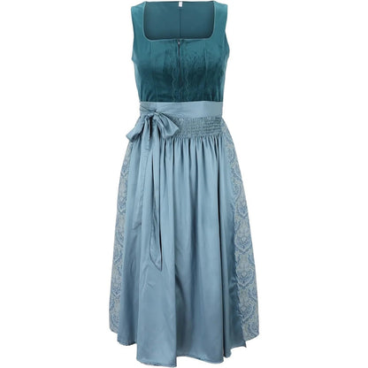 Blaues Dirndl mit Spitzenmuster, ärmelloses Oberteil, Taillenschleife und ausgestelltem Rock. Traditionelle bayerische Tracht, ideal für Oktoberfest.