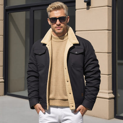 Blonder Mann mit Sonnenbrille trägt schwarze Jacke mit Fellkragen und beigen Pullover, steht vor modernem Gebäude. Herrenmode, Winterjacke, Stil.