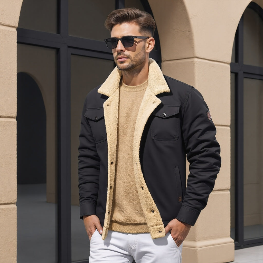 Mann mit schwarzer Jacke und Sonnenbrille vor modernem Gebäude. Modetrend, Herrenmode, stilvolle Winterbekleidung, urbane Eleganz.