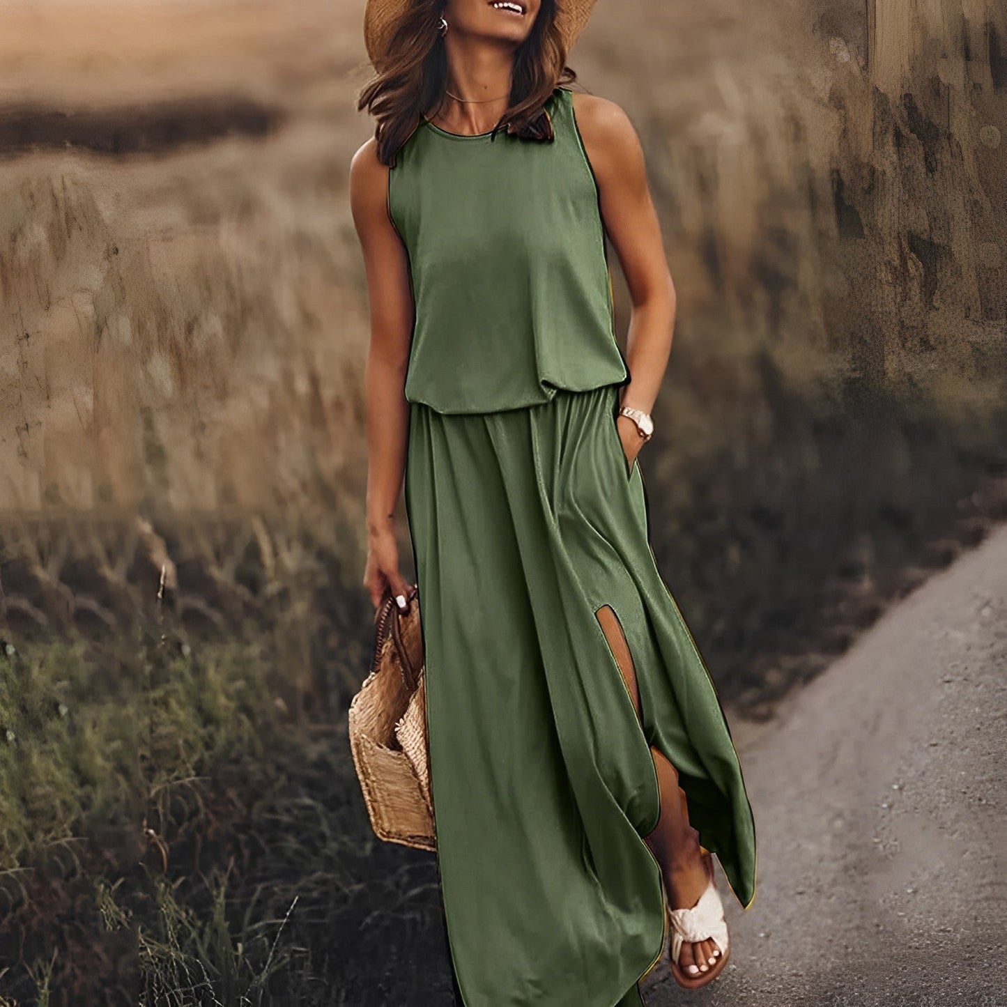 Frau in grünem Maxikleid mit Schlitz, Strohhut und Sandalen spaziert auf ländlichem Weg. Sommermode, Freizeitkleidung, Natur.