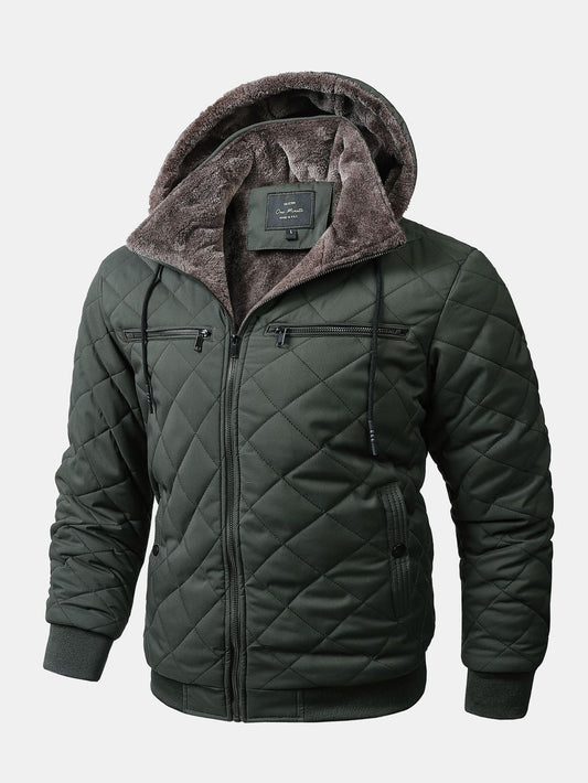 Herren Winter Steppjacke mit Kapuze, gerippten Abschlüssen und Brusttaschen