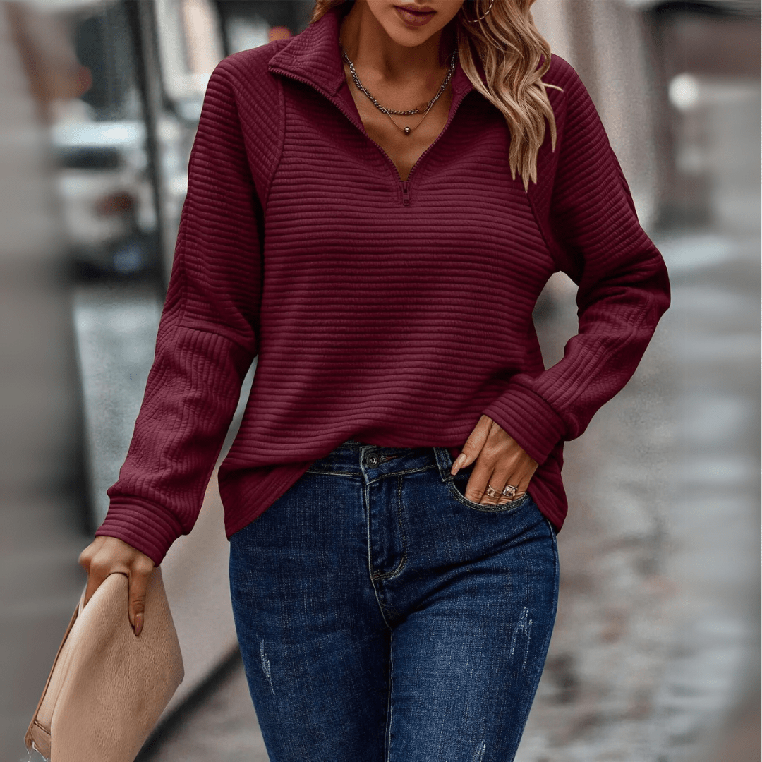 Damen-Halbzip-Pullover mit strukturierter Oberfläche und lockerer Passform