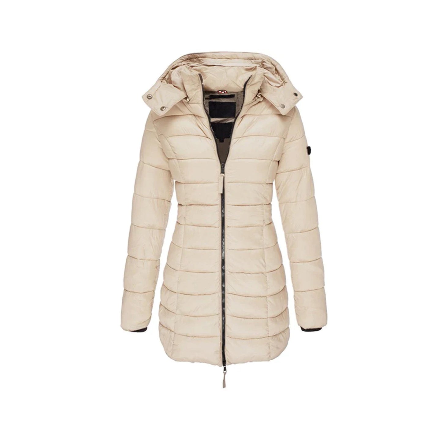 Beige Damen-Daunenjacke mit Kapuze, gesteppter Wintermantel, Reißverschluss, modisch und warm, ideal für kalte Tage, stilvolle Outdoor-Bekleidung.