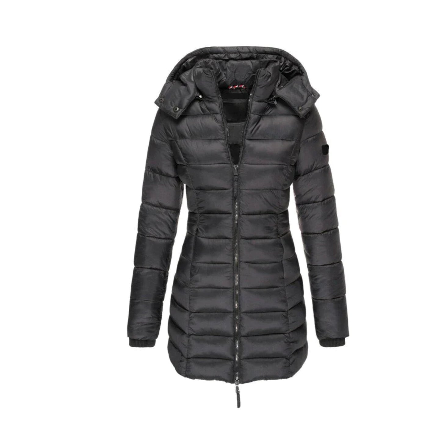 Schwarze Damen-Daunenjacke mit Kapuze, Reißverschluss und Steppdesign. Winterjacke, warm, modisch, ideal für kalte Temperaturen.