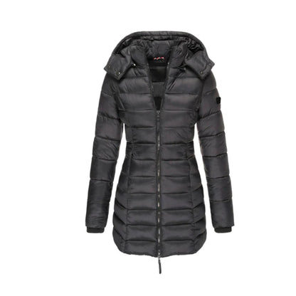 Schwarze Damen-Daunenjacke mit Kapuze, Reißverschluss und Steppdesign. Winterjacke, warm, modisch, ideal für kalte Temperaturen.