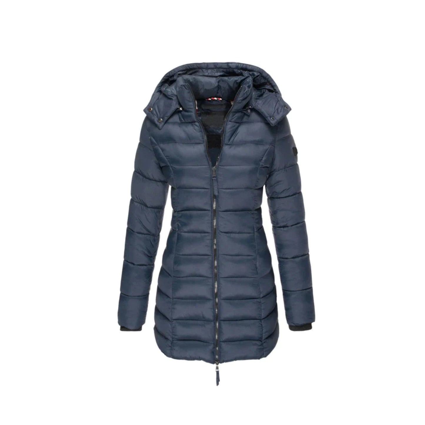 Dunkelblaue Damen-Daunenjacke mit Kapuze, gesteppter Optik und Reißverschluss. Winterjacke, warm, modisch, ideal für kalte Tage.