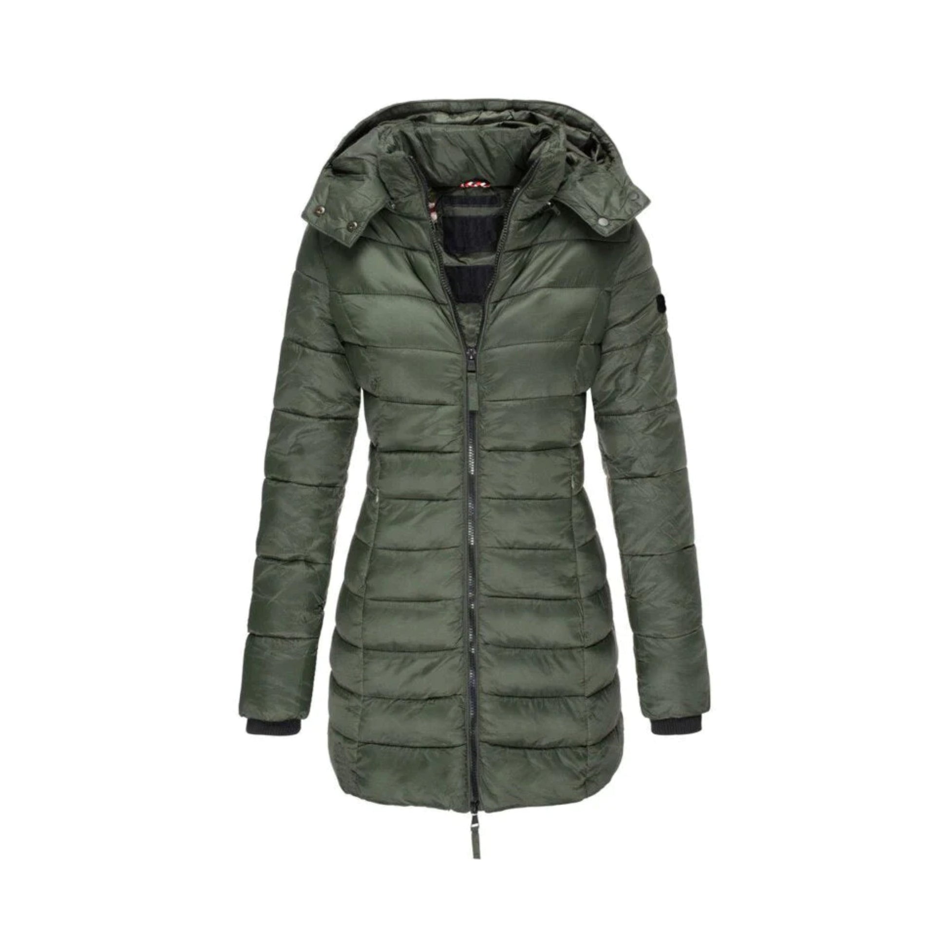 Damen Winterjacke grün, gesteppte Daunenoptik, mit Kapuze und Reißverschluss. Modische, warme Outdoorjacke für kalte Tage.