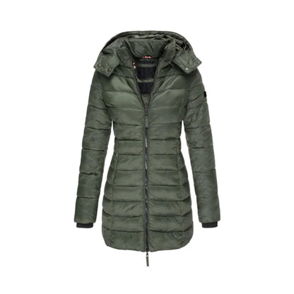 Damen Winterjacke grün, gesteppte Daunenoptik, mit Kapuze und Reißverschluss. Modische, warme Outdoorjacke für kalte Tage.