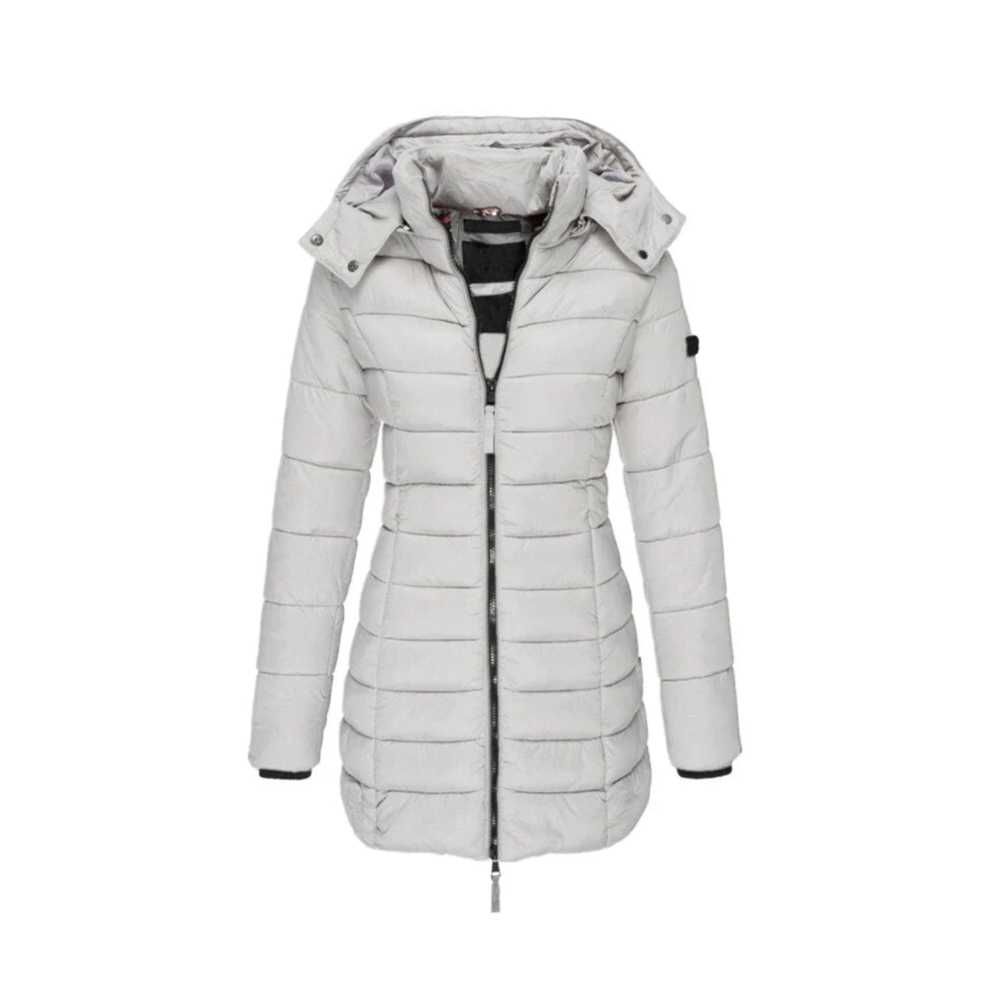 Damen Winterjacke, hellgrau, gesteppt, mit Kapuze und Reißverschluss. Modische, warme Jacke für kalte Tage. Ideal für Outdoor-Aktivitäten.