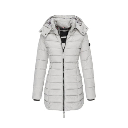 Damen Winterjacke, hellgrau, gesteppt, mit Kapuze und Reißverschluss. Modische, warme Jacke für kalte Tage. Ideal für Outdoor-Aktivitäten.