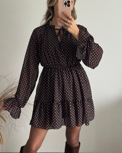 Women's summer dress with polka dots, brown, elastic waist and long sleeves – light style