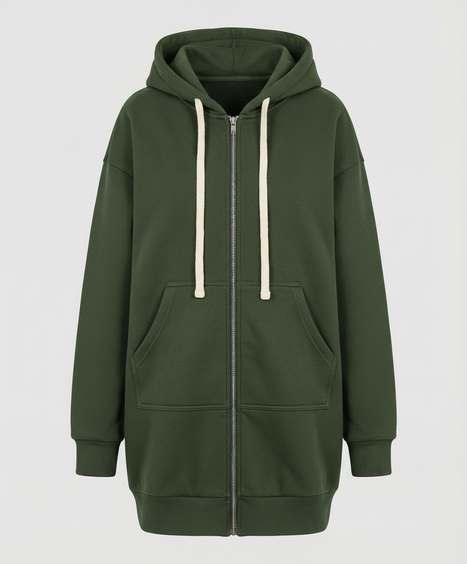 Lange Passform des Zip-Hoodies für Damen bis zum Knie