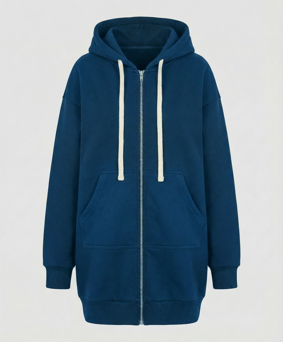 Seitliche Taschen am knielangen Damen-Zip-Hoodie