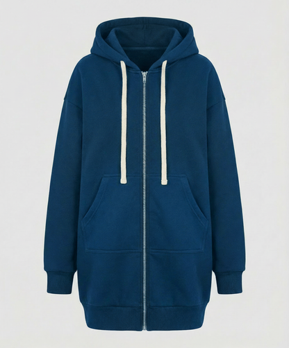 Seitliche Taschen am knielangen Damen-Zip-Hoodie